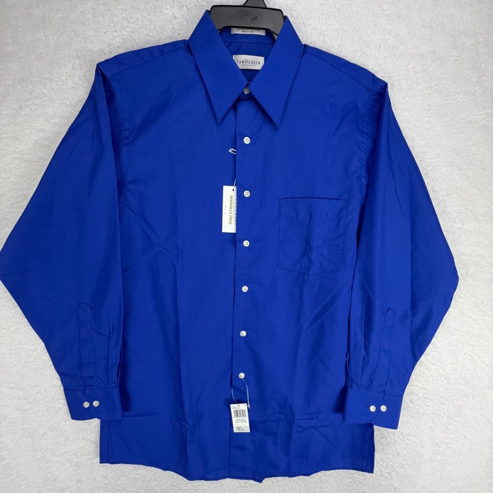 Van Heusen Mens Wrinkle‎ Free Poplin Dress Shirt Blue 15.5 32/33 Medium NEW